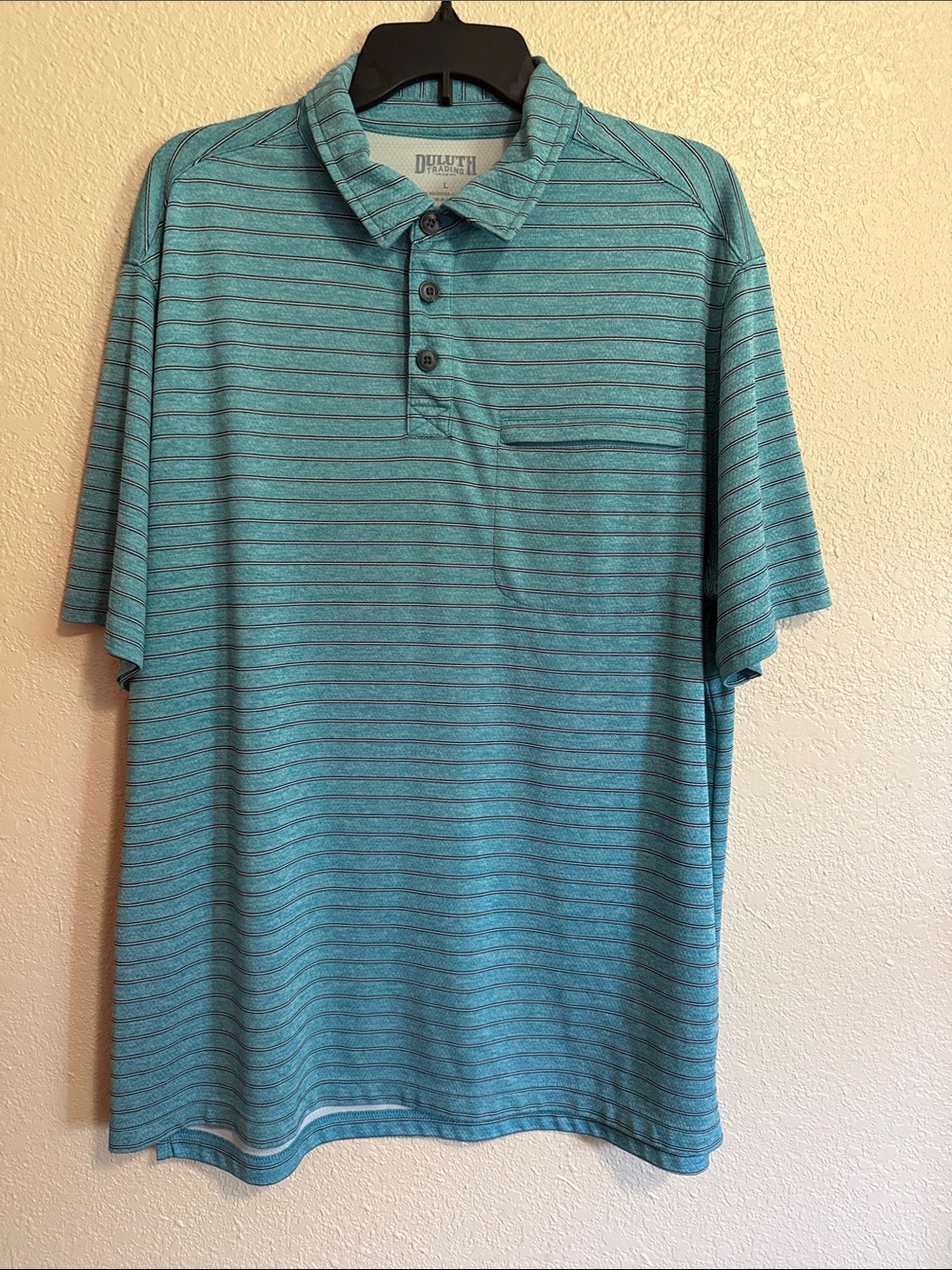 Duluth Trading Co Men’s Teal and Dark Stripe Polo